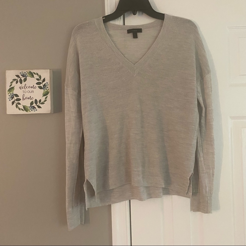 J Crew Merino Wool Blend V Neck Pullover Sweater Oatmeal Small Cotton